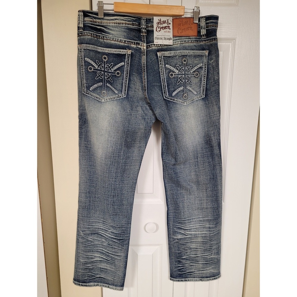 Axe Crown Classic Mens Jeans Embroidered Pockets Straight Sediment Wash 33 x 30 - Picture 8 of 8